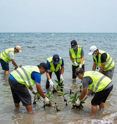 Volunteers planting young saplings together in rich, brown soil surrounded by nature.