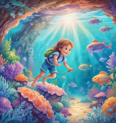 A colorful page showing a child flying with friendly dragons under a starry sky.