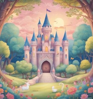 A colorful ebook page showing a child’s photo integrated into a magical forest scene.