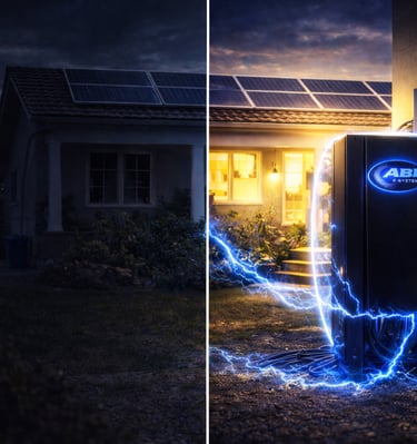 Home solar panel battery backup system powering a house during a night blackout.