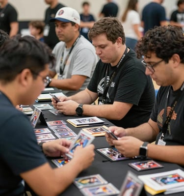 Collectors examining vintage soccer cards with keen interest at the Parsippany event.