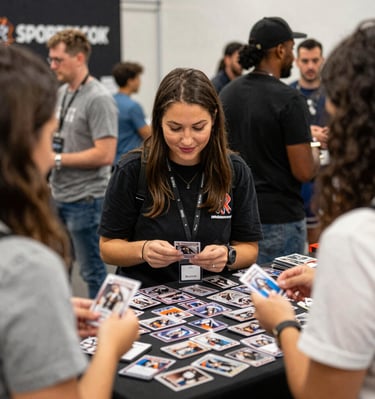 Evening trade night at the Holiday Inn with collectors exchanging cards and stories.