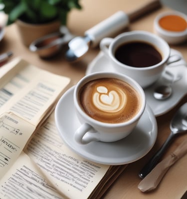 A delicious cup of coffee beside an open notebook filled with handwritten recipe notes.
