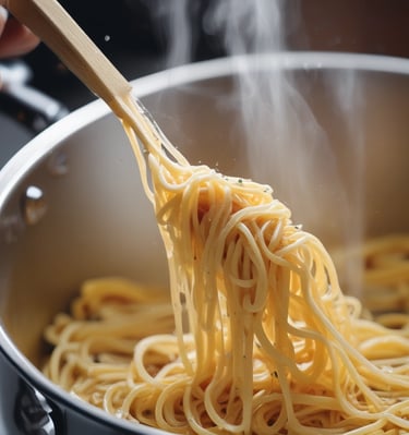 Al dente styled pasta ready to be removed from the pot to complete the recipe dinner