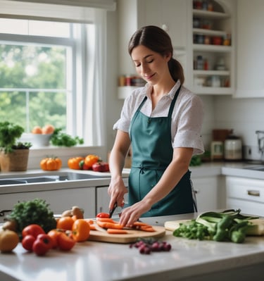 A mother in a state of mindfulness is prepping for a sumptuous meal she is preparing for the family