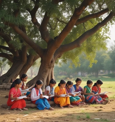 Children attending a literacy class under a tree in Himatnagar.