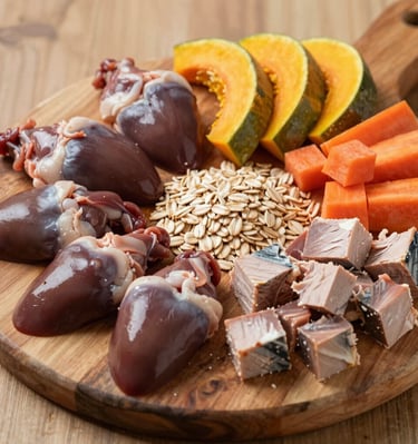 Fresh raw chicken hearts, diced fish, pumpkin, carrots, and grains for homemade pet food.