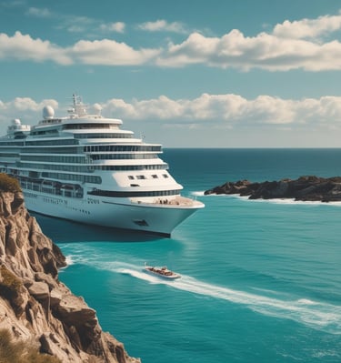 A luxury cruise ship sailing past turquoise waters with clear blue skies overhead.