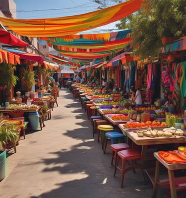 Colorful Mexican market bustling with locals and vibrant textiles under bright sunlight.