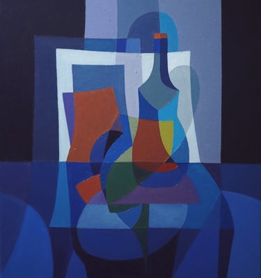 Abstract cubist oil painting of a blue bottle still life with geometric shapes.