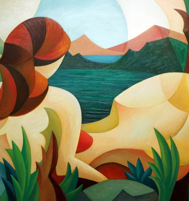 Abstract cubist oil painting of a woman looking at a mountain lake landscape with vibrant earth tones.