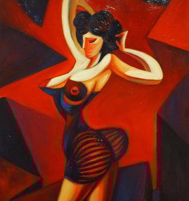 Abstract expressionist oil painting of a female figure in a black dress against a bold red background.