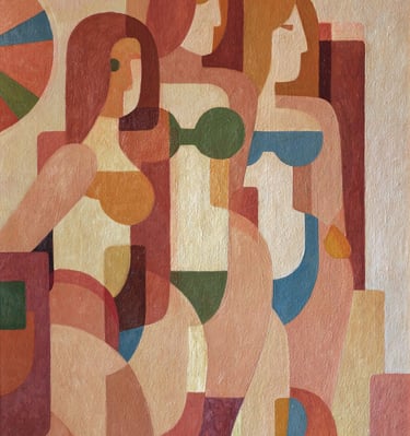 Abstract cubist oil painting of three women in bikinis at a beach using geometric shapes and warm earth tones.
