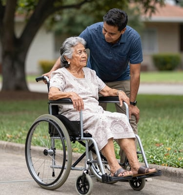 Volunteers distributing wheelchairs and medical supplies to elderly beneficiaries.
