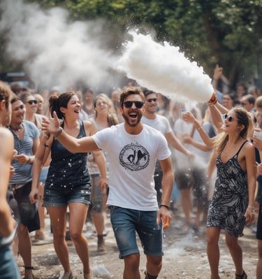 A crowd of all ages having fun under a large foam cannon at a sunny celebration.
