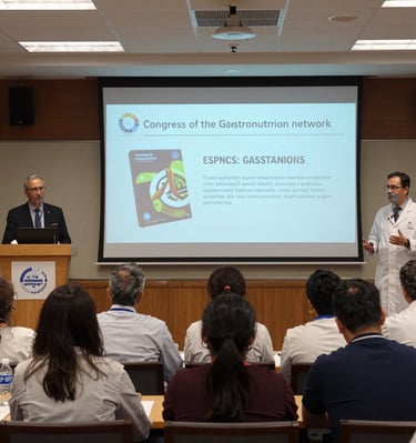International academic conference with diverse experts discussing gastronomy and nutrition.