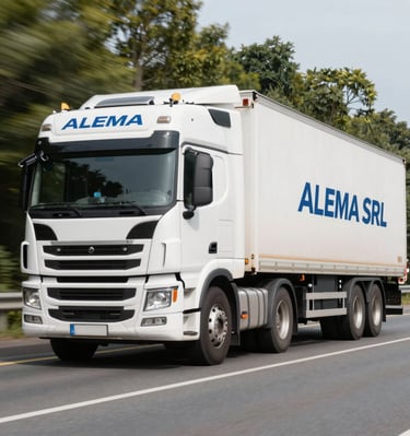 A delivery truck branded with Alema SRL logo departing the logistics center.