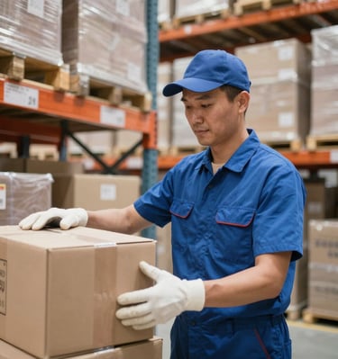 A team member inspecting a shipment of TVs before dispatch.