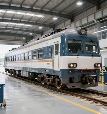 Engineers inspecting a polished steel railway carriage under bright industrial lighting.