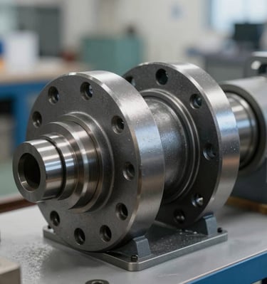 Close-up of a sleek, modern tram wheel assembly in a high-tech workshop.