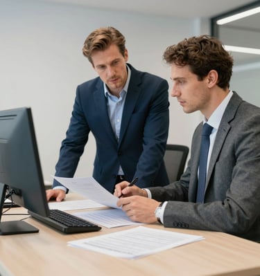 Team of engineers collaborating over blueprints in a clean, modern office space.