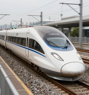 A modern electric train gliding along a curved track surrounded by lush greenery.