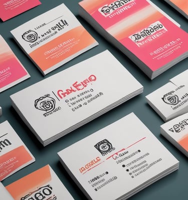 Close-up of custom printed business cards and promotional flyers on a sleek table.