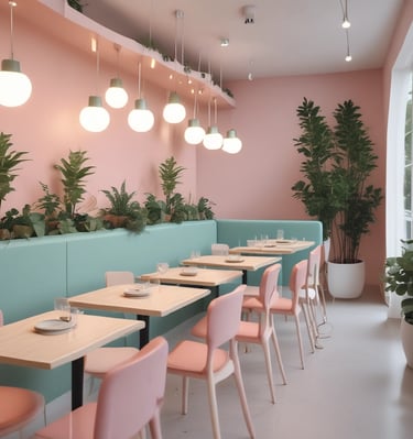 Open-plan residential area with sophisticated typography elements and muted pastel palette.