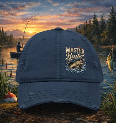 Navy blue distressed fishing hat with a bass fish graphic on a lake background at sunset.