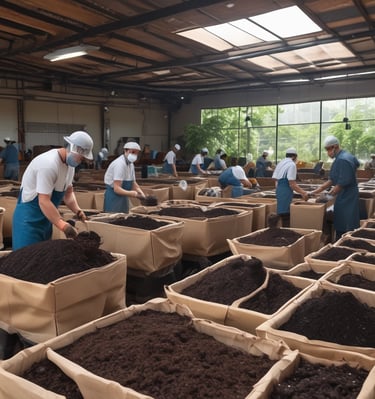 A farmer gently spreading natural fertilizer across a vibrant green field.