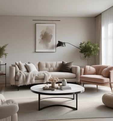 Photorealistic 3D interior render of a modern living room with natural light