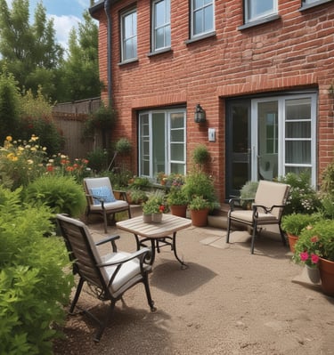 Outdoor garden space with seating surrounded by greenery and pink flowers.