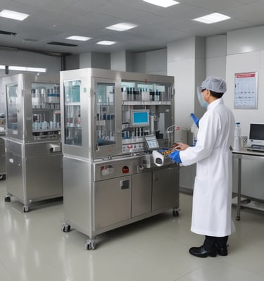 Workers in protective gear inspecting medicine batches on the production line.