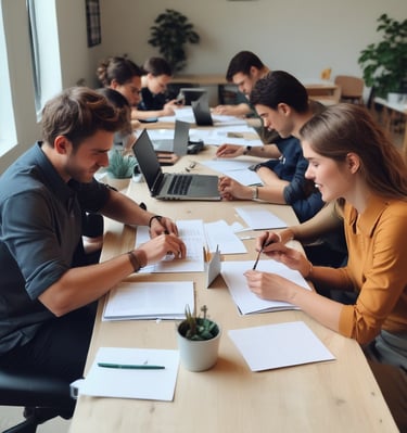 Team members collaborating over paperwork and laptops, focused on compliance tasks.