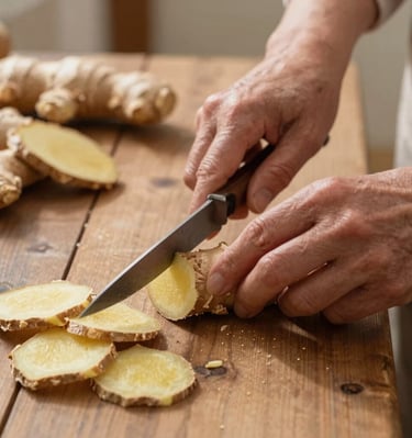 A woman over 40 enjoying a calm moment in her kitchen with CitrusBurn bottle and a cup of tea nearby.