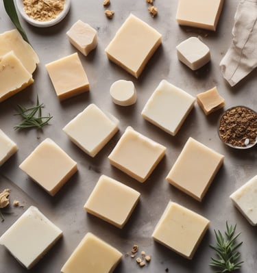 Brightly lit scene of colorful natural soap bars stacked neatly on a linen cloth.