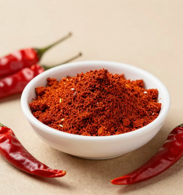 Close-up of colorful chili powders in rustic bowls on a wooden table.
