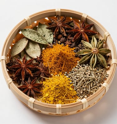 Fresh herbs and whole spices spread out on a kitchen counter ready for blending.