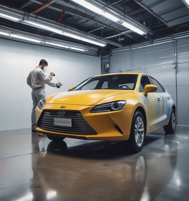 Workshop scene showing a technician applying primer on a car door.