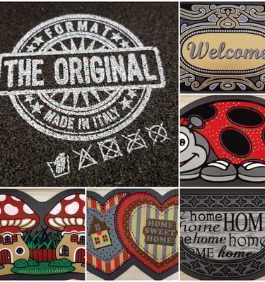 Collection of decorative door mats featuring welcome signs, mushrooms, and ladybug designs made in Italy.