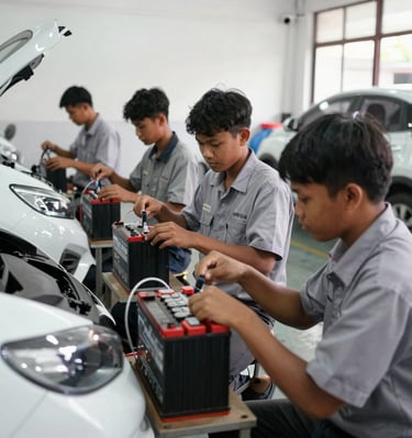 Students working together on an electric motor project in the automotive workshop