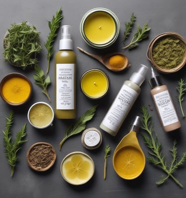 A vibrant display of herbal skin and hair products arranged with fresh flowers.