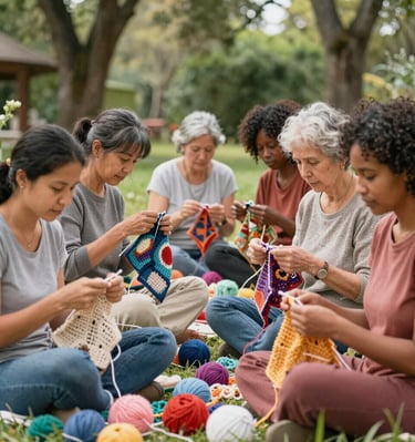 Women gathered in a circle, sharing shamanic healing rituals under soft candlelight.