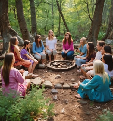Women gathered in a circle, sharing shamanic healing rituals under soft candlelight.