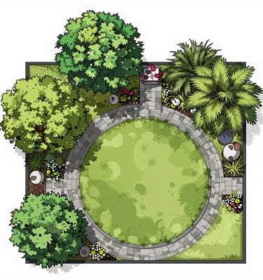 Detailed CAD drawing showing sprinkler zones and drip lines in a lush garden.