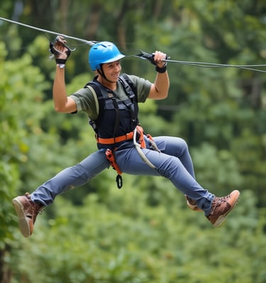 A group enjoying a guided hike through lush tropical forest with waterfalls in the background.