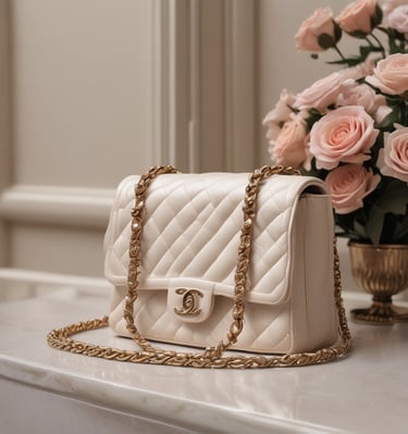 Close-up of a gold-accented designer handbag resting on a soft ivory fabric.