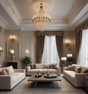 A chic living room corner featuring deep navy cushions and soft gold decorative accents.