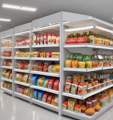 A variety of packaging options displayed in a bright showroom setting.