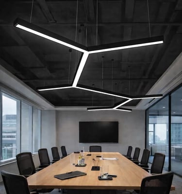 Sala de juntas en madera e iluminación colgante LED de diseño geométrico